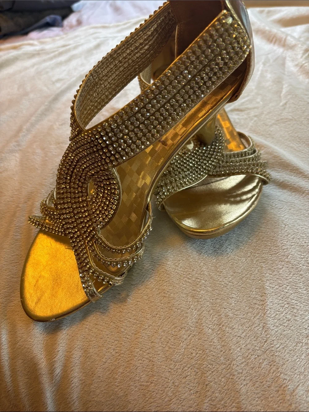Gold Rhinestone Evening Heels - Women Shoes